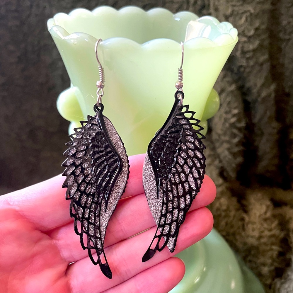Elegant Black and Silver Wing Earrings